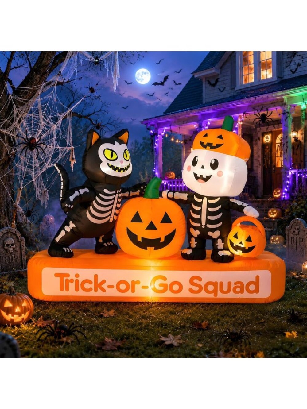 7FT Halloween Inflatables - Spooky Skeleton, Black Cat & Pumpkin Decor for